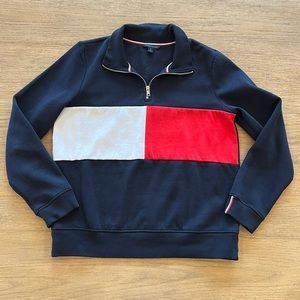 Tommy Hilfiger Quarter Zip Jacket Sweatshirt Colorblock Logo Red White Navy Blue